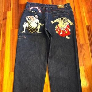 Vintage No. 83 Samurai Warrior Wide Leg Denim Pants. Size 38W/34